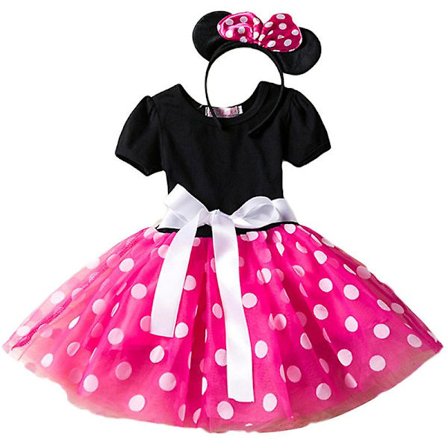 Barn Flickor Minnie Mouse Polka Dot Kortärmad rosett Tutu Tyllklänning Födelsedagsfest Klänningar