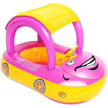 Babyuppblåsbar Pool Float med Tak, Bilformad Baby Simfloat Båt med Solskydd