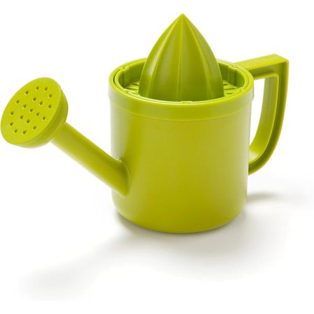 Manuel håndjuicer formet som en vandkande, grøn plastikpresser med hældetud til citron- eller citrusjuice med låg til opbevaring