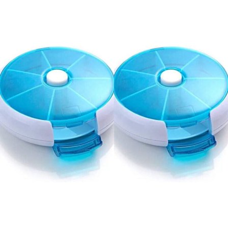 Set med 2 pilleraskar, 7 runda fack med veckovis bricka, 7 dagar, blå