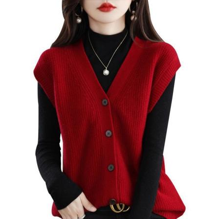 Kvinder Strik Efterår Vinter Sweater Cardigan Vest Løs All-matchende ærmeløs overtøj Cover-up Red 65*105cm