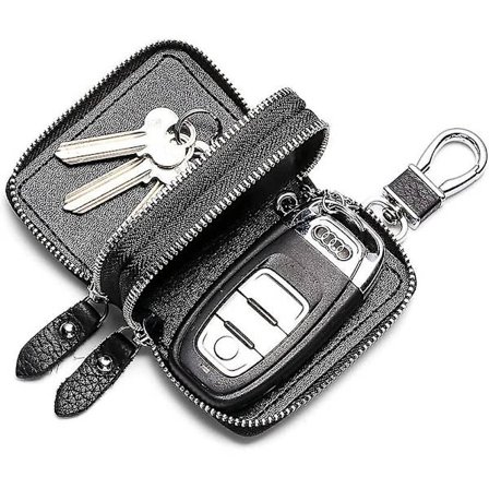 Multifunksjonell dobbel glidelås bilnøkkelveske Menn i skinn av kveg
