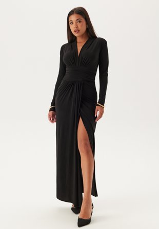 John Zack Deep V Wrap Front Maxi Dress Black Klær