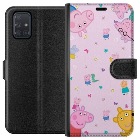 Kompatibel Tegnebogsetui til Samsung Galaxy A71 Peppa Gris med en baby i armene, morgris motiv i farverig og blød børneillustration med hjerter
