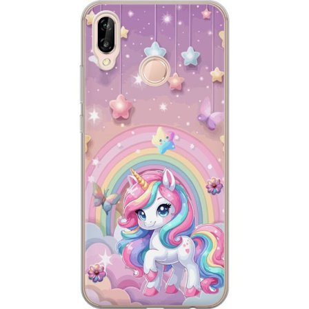Kompatibelt Mobildeksel til Huawei P20 lite Magisk enhjørning med regnbue manke, stjerner og sommerfugler mot en pastellhimmel med skyer