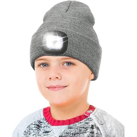 Hue med LED-lys til børn, USB-genopladelig håndfri LED-pandelygte Vinterstrikket natlyshue Lommelygte Grå