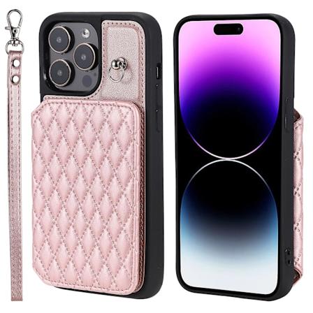 Telefonfodral för iPhone 15 Pro Max Rfid Blocking Pu Läderbelagd TPU-skal med handledsrem Rose Gold