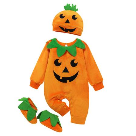 Barn Halloween Pumpkin Romper Cosplay kostym Hat Outfit 90cm