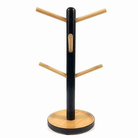 Trækopholder Display Drikkevare Hylde med 6 Kroge Træform Træ Kaffe Te Kopholder Stativ Sort