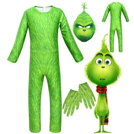5-13 år Børns Cosplay Jule Grinch Kostume Fancy Dress Jumpsuit Handsker Halstørklæde Maske Outfit Sæt