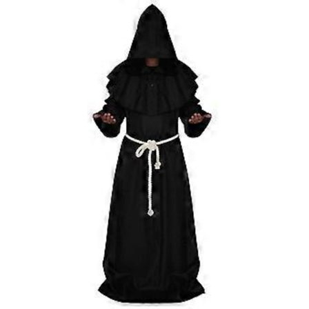 Keskiaikainen papin munkin viitta munkin hupullinen myssy renessanssipuku cosplay (M musta)
