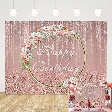 5x3ft Roséguld Glitter Grattis På Födelsedagen Fotobakgrund Rosa Rosblommor Krans Flickors Födelsedagsfest Bakgrunder Barn Dusch Tårta Bord Banner