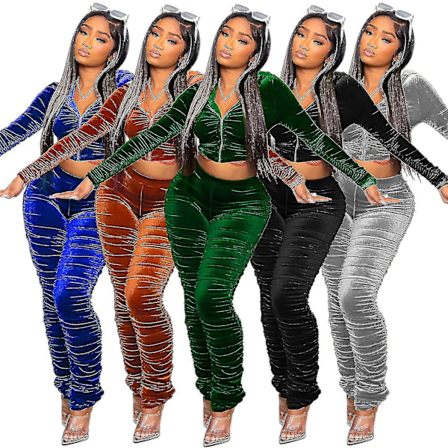 Dame Velvet Tracksuit Sæt Sexy 2-delt Outfit Lynlås Hættetrøje