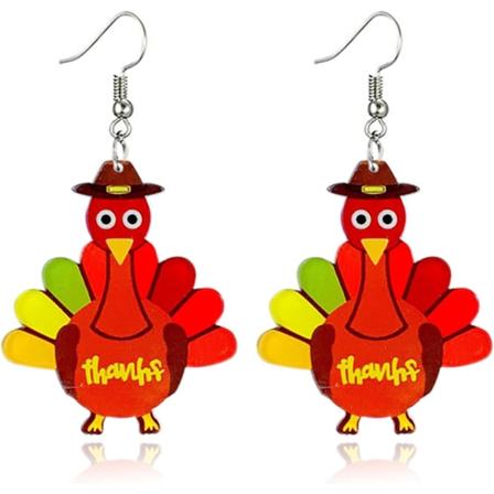 Høstmønstrede Thanksgiving-øreringe med lønneblader, høner og kalkun - Søte akryl-øreringe med kalkun-heng for kvinner