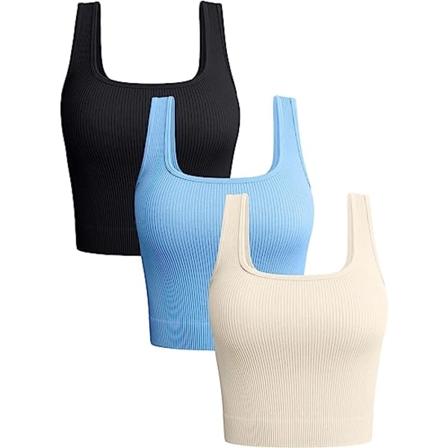 Kvinners 3-delte tanktopper ribbet sømløs treningsøvelse skjorter yoga crop topper(stor)