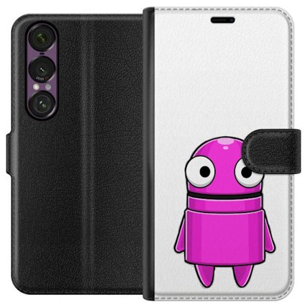 Yhteensopiva Lompakkokotelo Sony Sony Xperia 1 VII Roosa piirretty hahmo, jossa pyöreä muoto ja suuret silmät tummalla taustalla