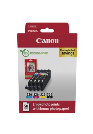 Canon CLI-526 C/M/Y/BK Photo Value Pack - 4-pack - svart, gul, cyan, magenta - original - blekkbeholder / papirsett