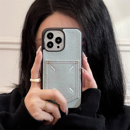 Fodral för iPhone 14Pro Denim korthållare ljusblå Denim Plånbok med Korthållare Full-Body läder Hård textur