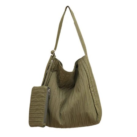Kvinder Koreansk Stil Casual Canvas Bucket Taske med Lille Lomme Plisseret Stribet Skuldertaske Stor Kapacitet Crossbody Taske Armygrøn