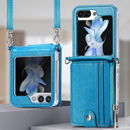 Samsung Galaxy Z Flip 5 - Plånboksfodral i Retrostil av PU-Läder med Korthållare och Halskedja