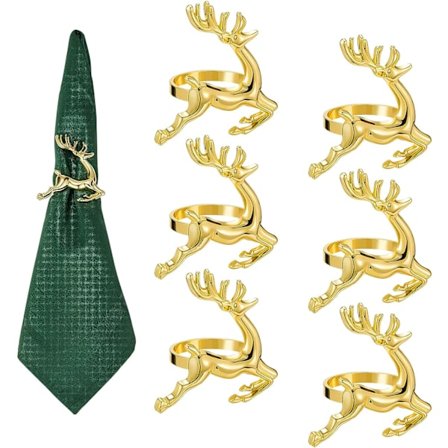 Jule-serviettringer - Gullfarget reinsdyr-serviettringer 6-pak med juleserviettringer for høytid, påske, Thanksgiving, Halloween