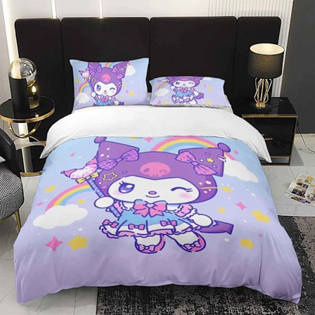 3 stk. Kuromi Regnbue Søte Sengesett Kuromi Tema Kawaii Laken Sett Lilla Regnbue Soveromsdekorasjon Fire Årstider (1 Sengteppe + 2 Putetrekk)