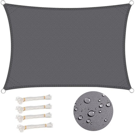 3x5m Rektangulær Solsejl, Vandtæt, Anti-UV (93% Vandafvisende), Vindbeskyttelse, UV-beskyttelse Polyester til Have, Terrasse, Camping, Grå