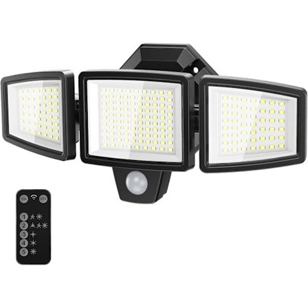 65W LED Solcelle Sikkerhedslys Bevægelsesstyret Floodlight Udendørs, 6500LM, IP65 Vandtæt, 6500K – Justerbar 3-Hoved Floodlight med 