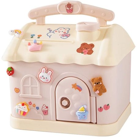 Barnens spargris, stor kapacitet spargris, litet hus spargris, rosa