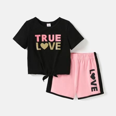 2st Kid Girl Letter Print Knot Front Kortärmad Tee och Shorts Set Camel 9-10 Years