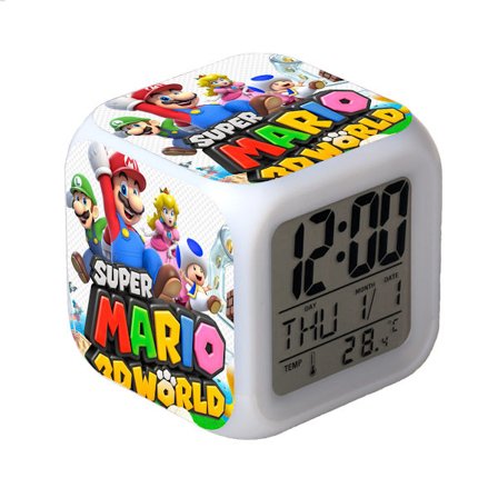 R-timer Super Mario Bros 7-farvet digitalt vækkeur med tid, temperatur, alarm og dato