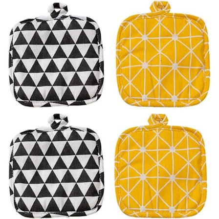 Sett med 4 grytekluter i bomull, 18 x 18 CM, kjøkkengrytekluter, kompatible for matlaging og baking (svart, gul)