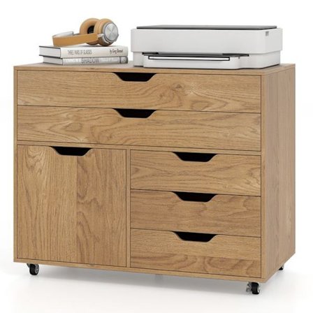 COSTWAY Rulleskuffe med 5 Skuffer, Justerbar Hylde, A4, Brev, 5 Hjul med 2 Bremser, 77,5 x 40 x 64 cm, Naturlig