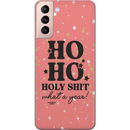 Kompatibelt Mobilskal till Samsung Samsung Galaxy S21 HO HO Holy Shit What a Year humorsitiskt rosa julmotiv med glitterstjärnor perfekt för trendig
