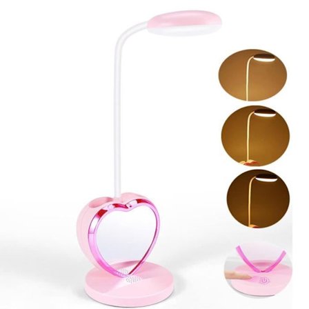 LED skrivebordslampe for jenter, oppladbar LED skrivebordslampe med USB-ladeport og pennholder, dimbar rosa