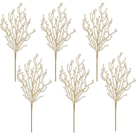 6 Gull Glitter Grener Blomsterkvist Spray Kunstige Dekorasjonsstilker Glitrende Skimmer for Julekransfyll Dekorasjon