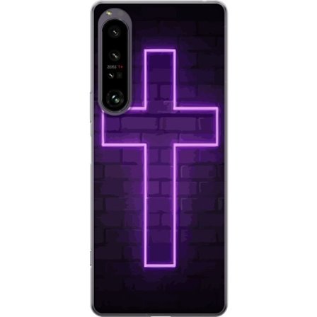 Yhteensopiva Puhelinkuori Sony Sony Xperia 1 IV Neonristi purppuranvalossa tummaa tiiliseinää vasten, symbolinen motiivi vahvalla hohto moderni este