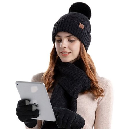 1 Sæt Hue Halstørklæde Handsker Tre Delt Strikket Uldhue Dame Varm Hue