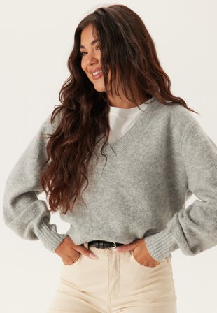 VERO MODA Vmboom Ls V-neck Pullover Light Grey Melange Vaatteet