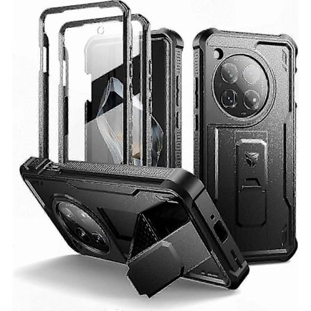 Kraftigt skyddsfodral med inbyggt skärmskydd och stativ för OnePlus 12 5G (2024), Stöttåligt svart hölje