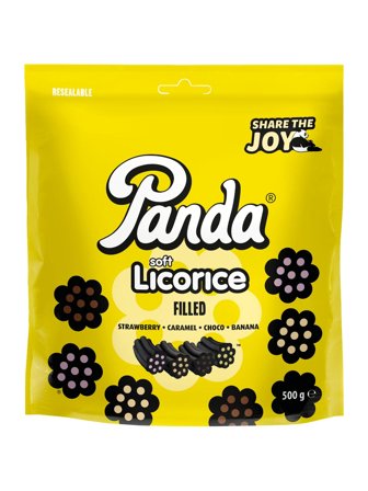 Liquorice with chocolate, banana, caramel and strawberry flavoured filling (25%).