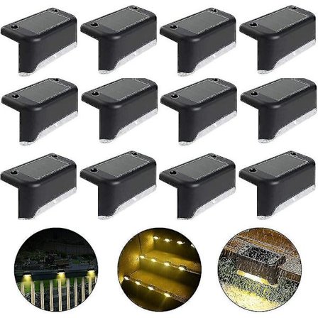 Vanntett solcelle gjerdelys, soldekkslys, trappelys, Ip65 LED solcelled hagelys for uteplass trappegjerder (varmt lys-svart, 12 stk)