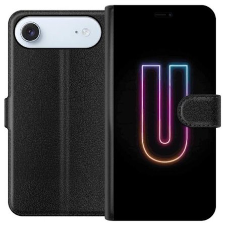 Yhteensopiva Lompakkokotelo Apple Apple iPhone 17 Air Minimaalinen neonkirjain U kirkkaalla valaistustehosteella mustaa taustaa vasten