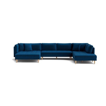 Cali U-sofa, venstrevendt, Riviera Blå - 374x220x76cm - Dobbelt Chaiselong U-sofa med bøgetræsben & 4 Pyntepuder - Perfekt Familesofa
