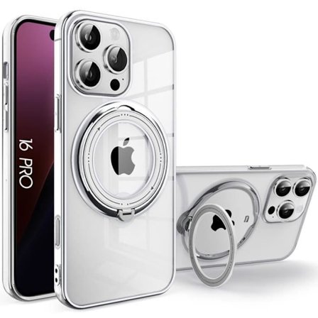 Genomskinligt fodral för iPhone 16 Pro med roterande magnetstativ - Silver kantskydd