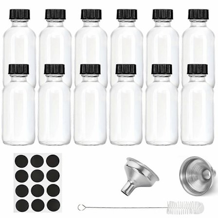 12 stk. glasflasker med låg og 2 tragte i rustfrit stål, 60 ml, små klare glasflasker til eliksir, juice, wellness, ingefærshots