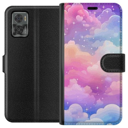 Kompatibelt Lommeboketui til Motorola Moto E22i Søt enhjørning med regnbuefarget hår mot en stjernebelagt pastellbakgrunn i kawaii-stil