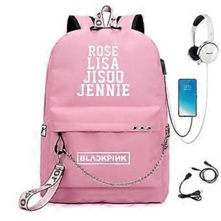 Svart Rosa Trykket USB Oppladbar Ryggsekk Casual Student Skoleveske (Rosa 1)