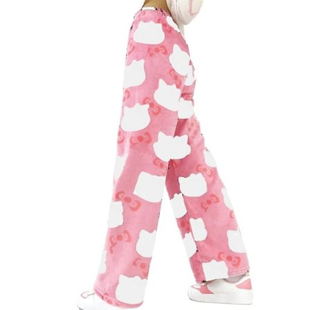 Anime Pyjamas Bukser Dame Jenter Tegneserie Katt Alle Figurer Kawaii Katteprint Flanell Lounge Sovebukser Julepyjamasbukser (ROSA, L)