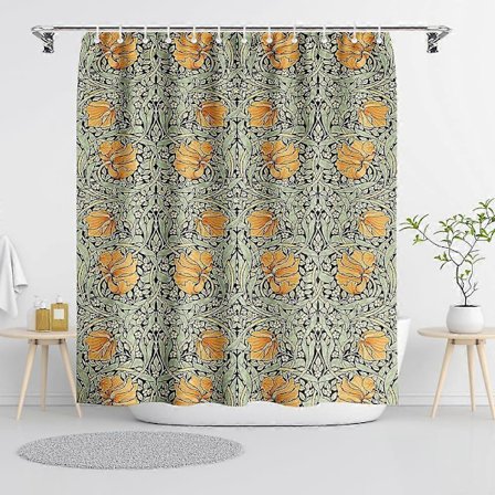 Højkvalitets William Morris Vintage Blomsterbruseforhæng, Salviegrøn/Orange Bruseforhængssæt til Badeværelse med 12 Kroge, Dekorativt Bondehusforhæng